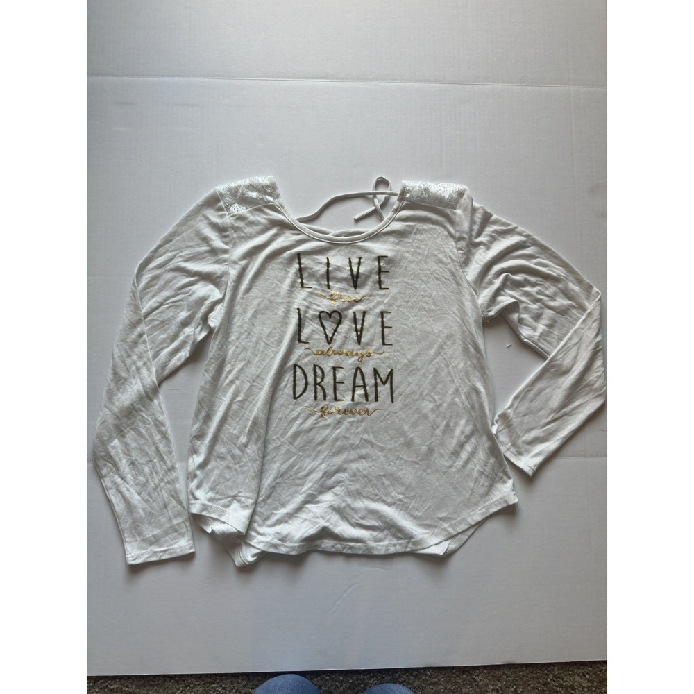 White Graphic Long Sleeve Tee Live Love Dream‎ Lace Shoulder Lattice Back Top